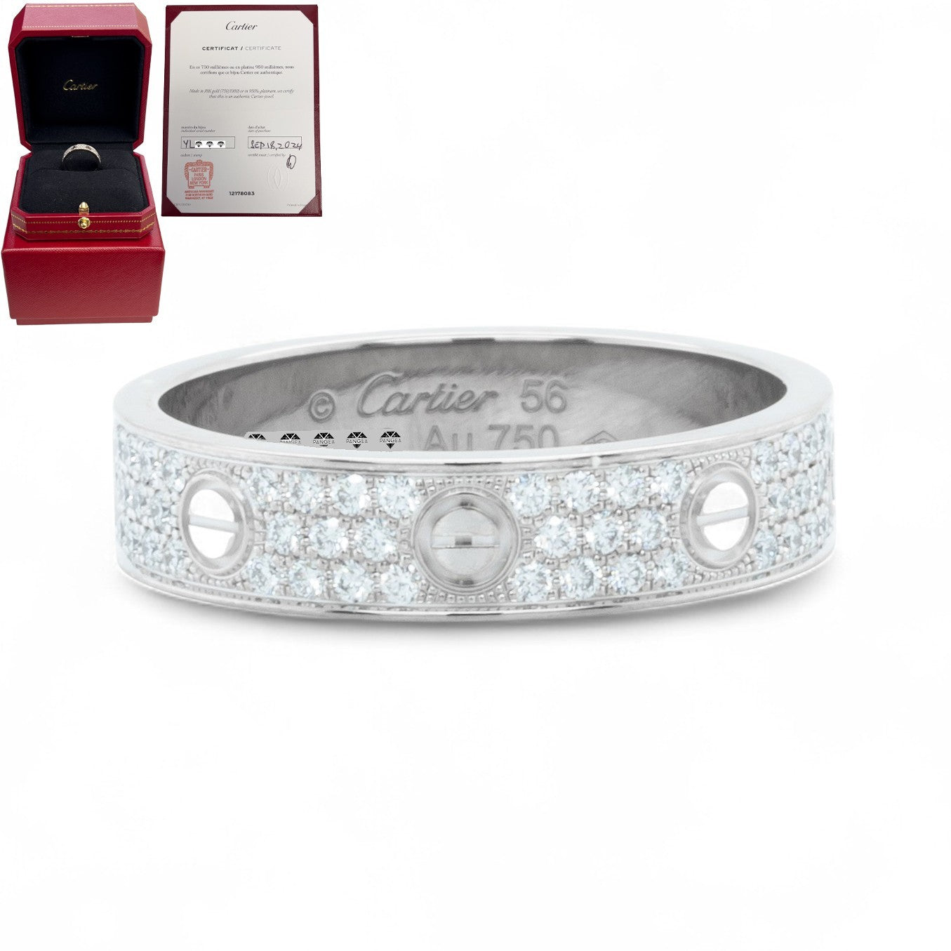 Cartier Small Love Pave Diamond 18k White Gold 5MM Ring Size 56 US 7.5 BOX CERT