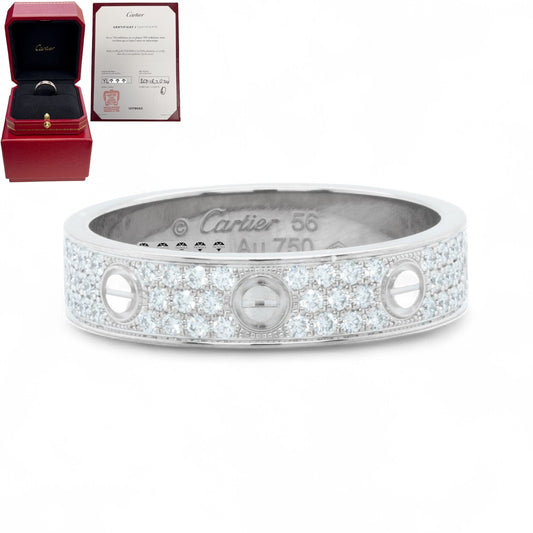 Cartier Small Love Pave Diamond 18k White Gold 5MM Ring Size 56 US 7.5 BOX CERT