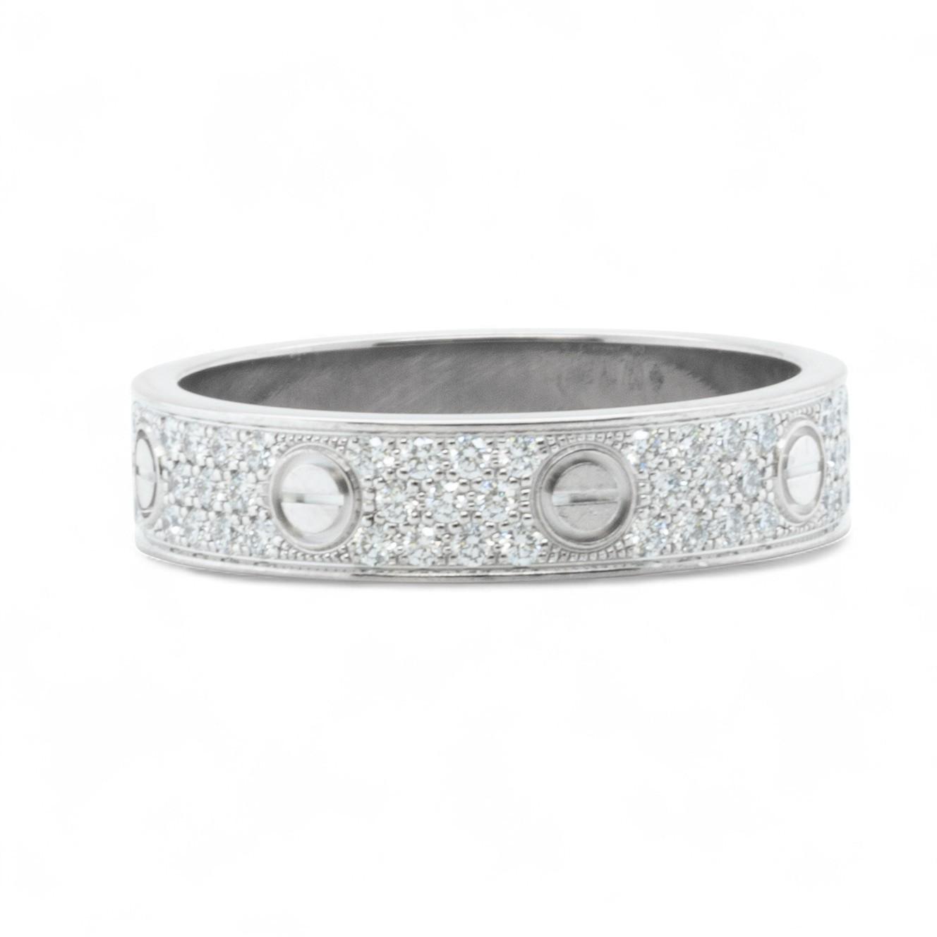 Cartier Small Love Pave Diamond 18k White Gold 5MM Ring Size 56 US 7.5 BOX CERT
