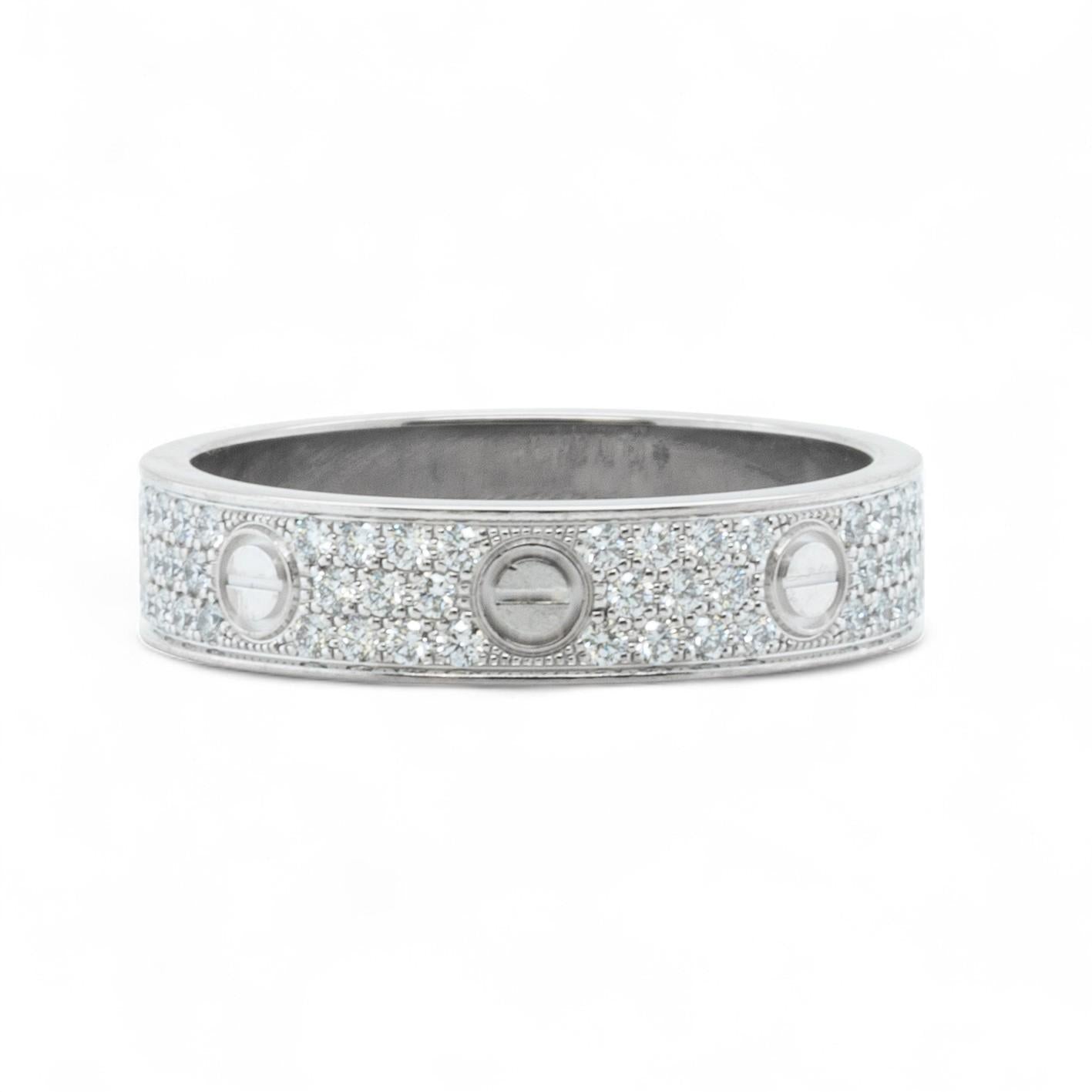 Cartier Small Love Pave Diamond 18k White Gold 5MM Ring Size 56 US 7.5 BOX CERT