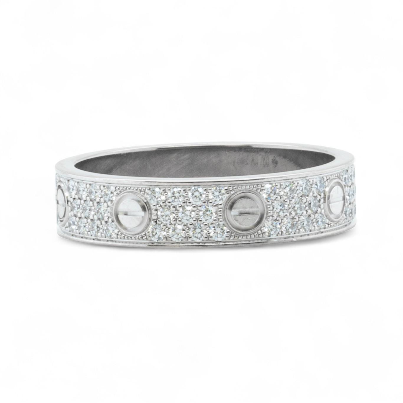 Cartier Small Love Pave Diamond 18k White Gold 5MM Ring Size 56 US 7.5 BOX CERT
