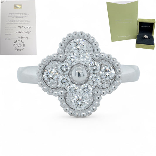 Van Cleef & Arpels Vintage Alhambra Diamond 18k White Gold Ring Size 55 BOX COA
