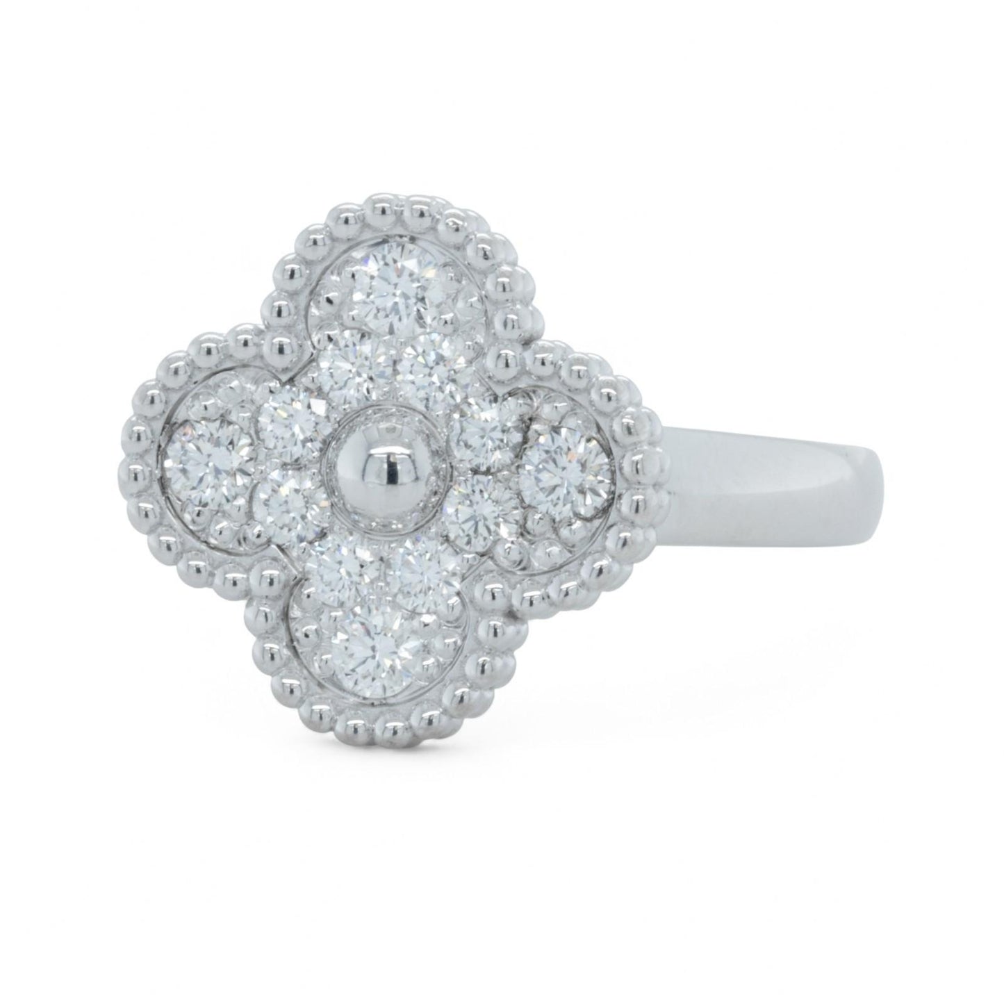 Van Cleef & Arpels Vintage Alhambra Diamond 18k White Gold Ring Size 55 BOX COA