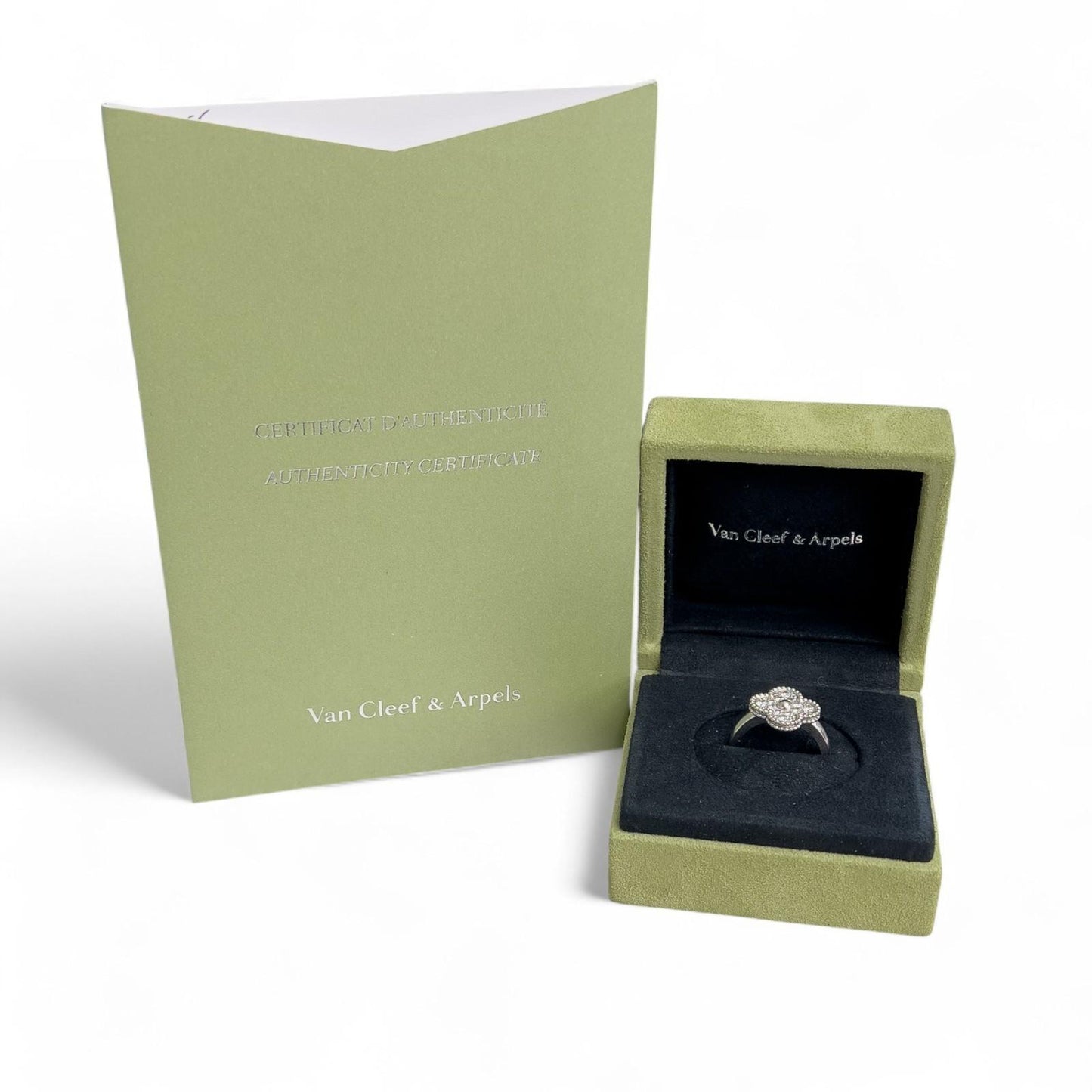 Van Cleef & Arpels Vintage Alhambra Diamond 18k White Gold Ring Size 55 BOX COA