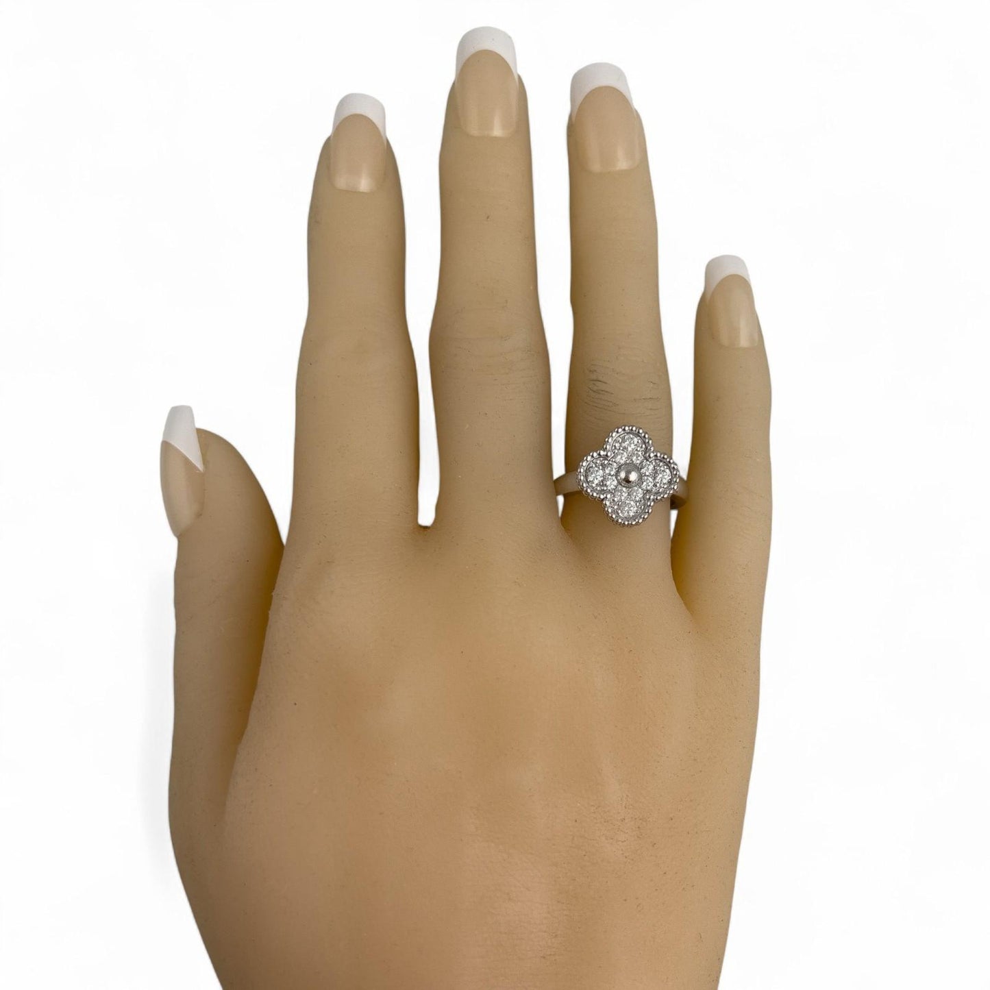 Van Cleef & Arpels Vintage Alhambra Diamond 18k White Gold Ring Size 55 BOX COA