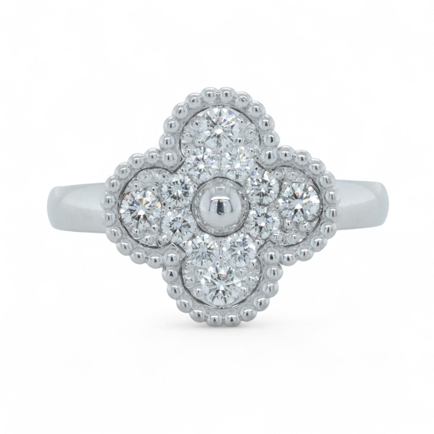 Van Cleef & Arpels Vintage Alhambra Diamond 18k White Gold Ring Size 55 BOX COA