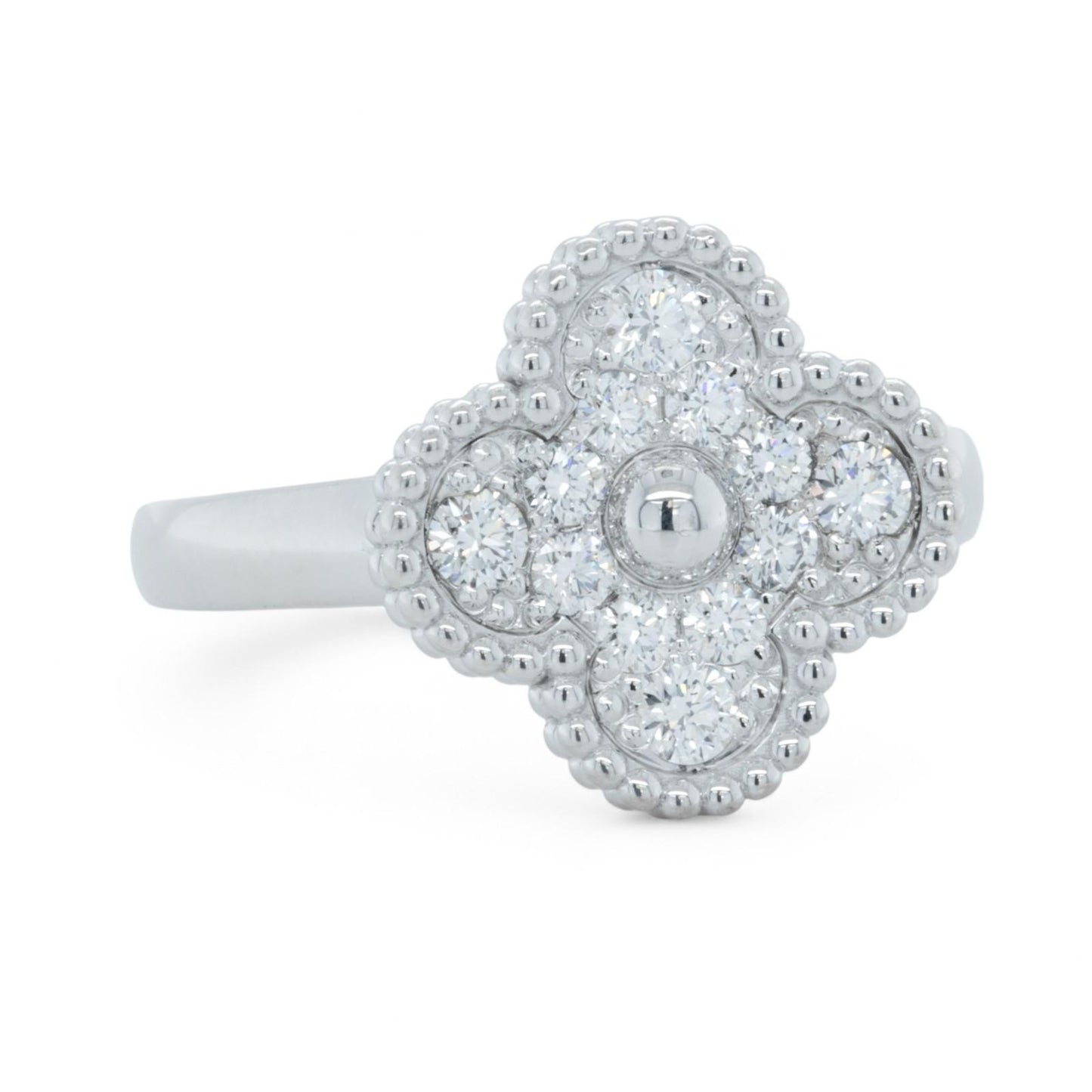 Van Cleef & Arpels Vintage Alhambra Diamond 18k White Gold Ring Size 55 BOX COA