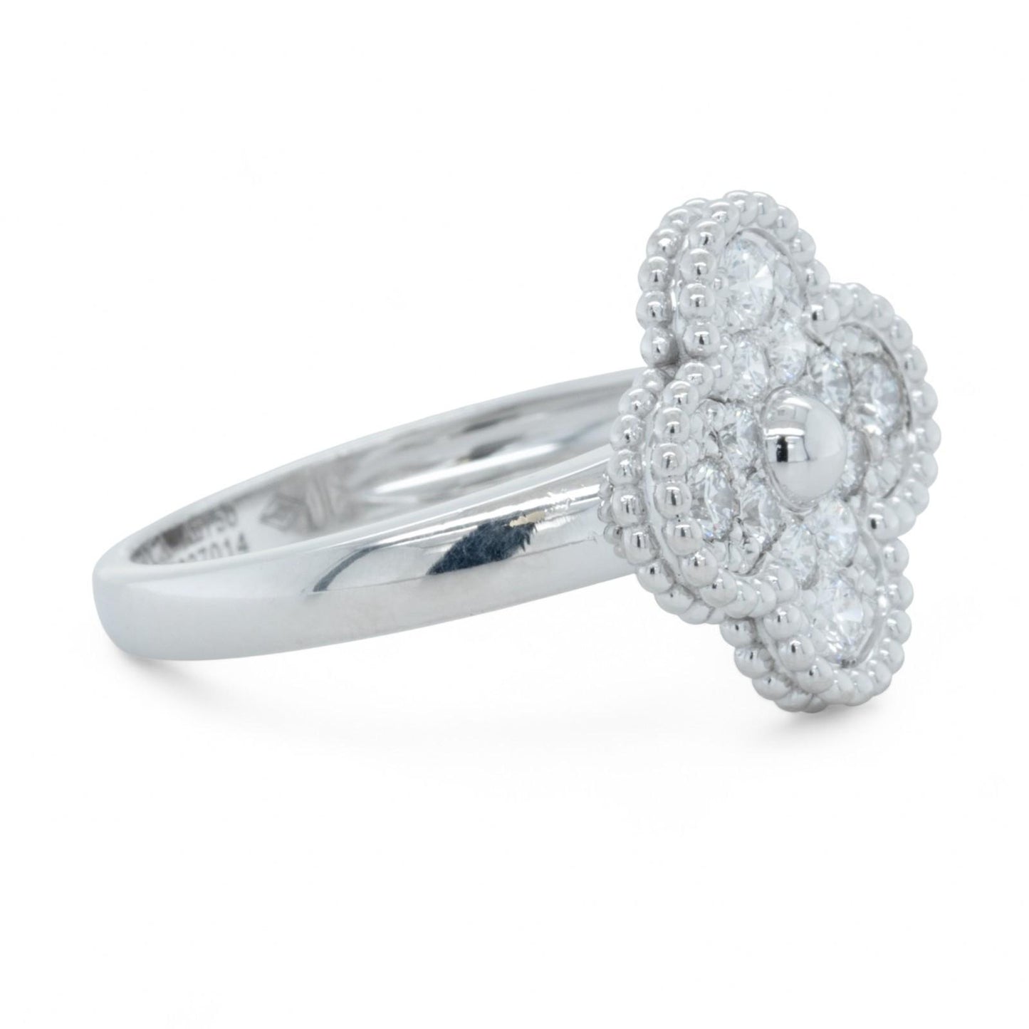 Van Cleef & Arpels Vintage Alhambra Diamond 18k White Gold Ring Size 55 BOX COA