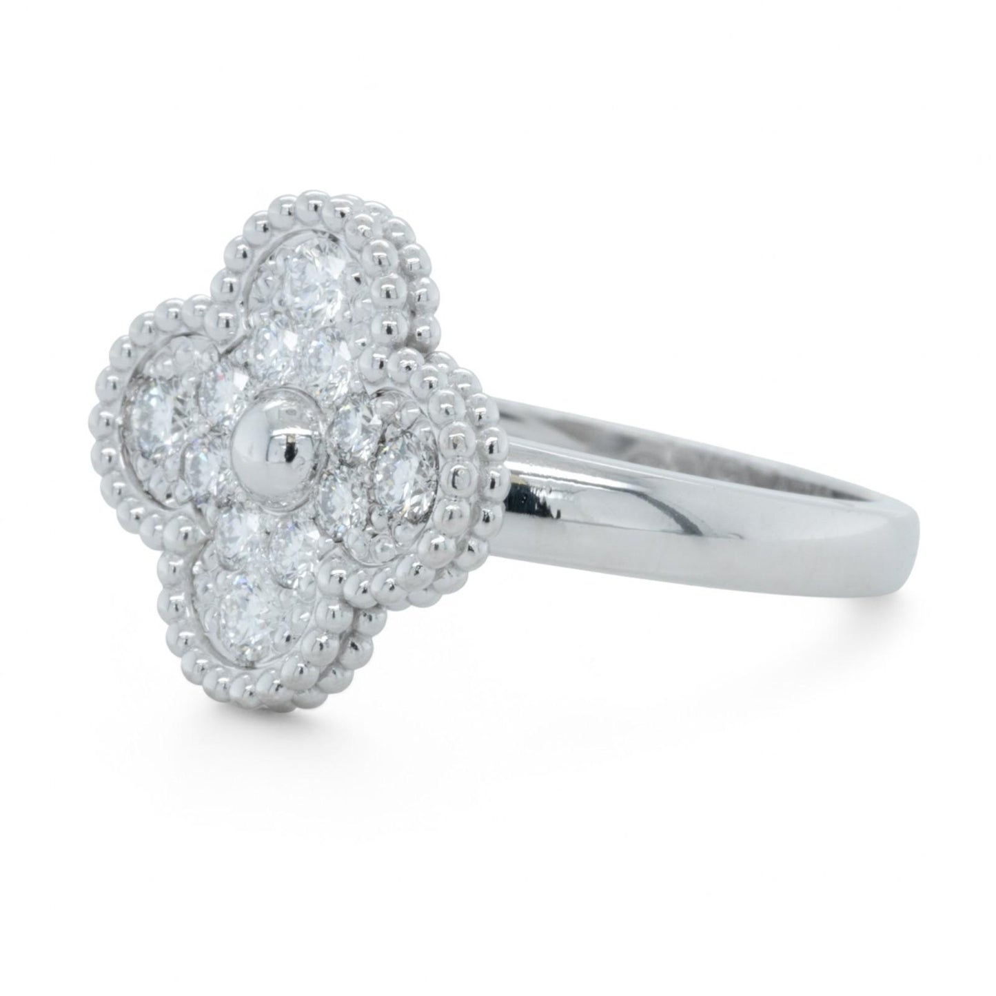 Van Cleef & Arpels Vintage Alhambra Diamond 18k White Gold Ring Size 55 BOX COA