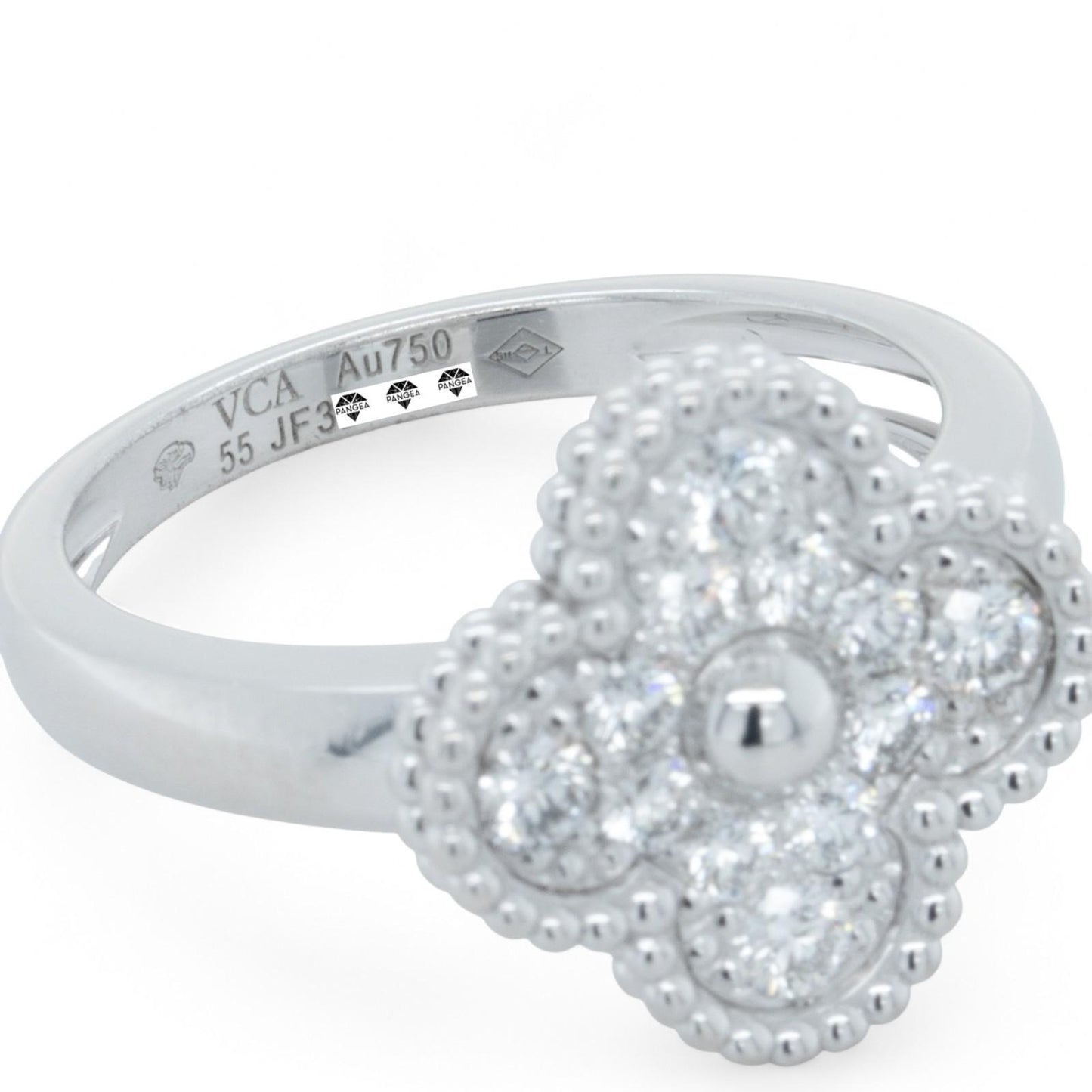 Van Cleef & Arpels Vintage Alhambra Diamond 18k White Gold Ring Size 55 BOX COA