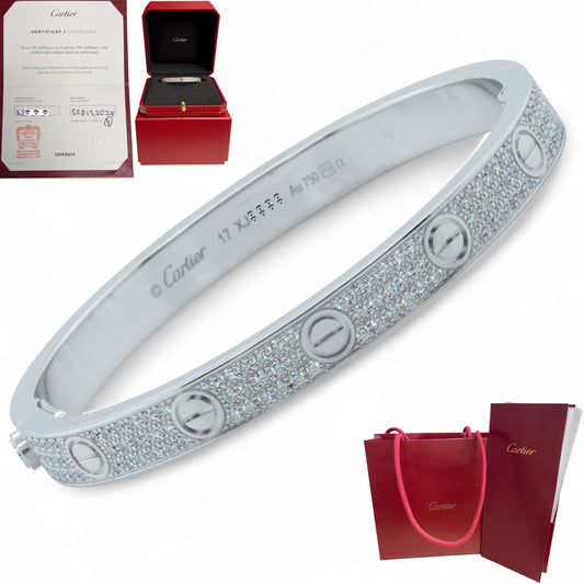 Cartier Love Pave Diamond 18k White Gold Bracelet SZ 17 BAG BOX + CERTIFICATE