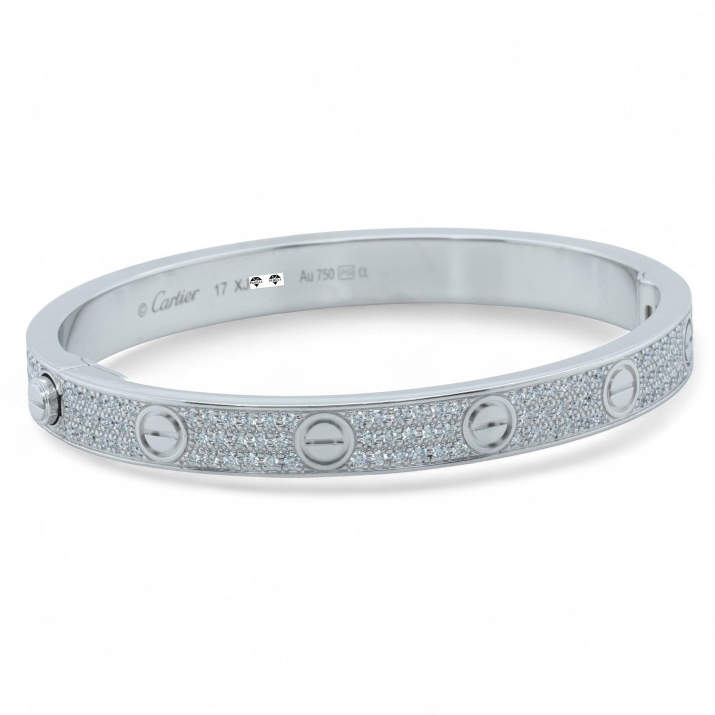 Cartier Love Pave Diamond 18k White Gold Bracelet SZ 17 BAG BOX + CERTIFICATE