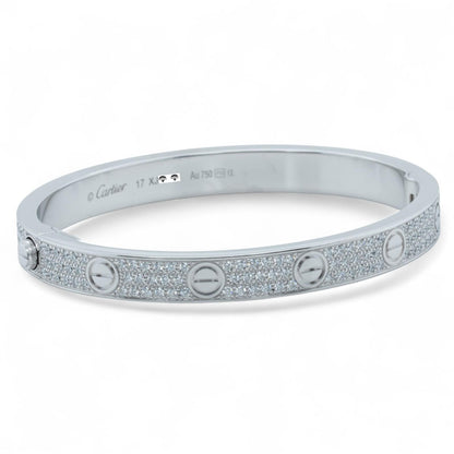 Cartier Love Pave Diamond 18k White Gold Bracelet SZ 17 BAG BOX + CERTIFICATE