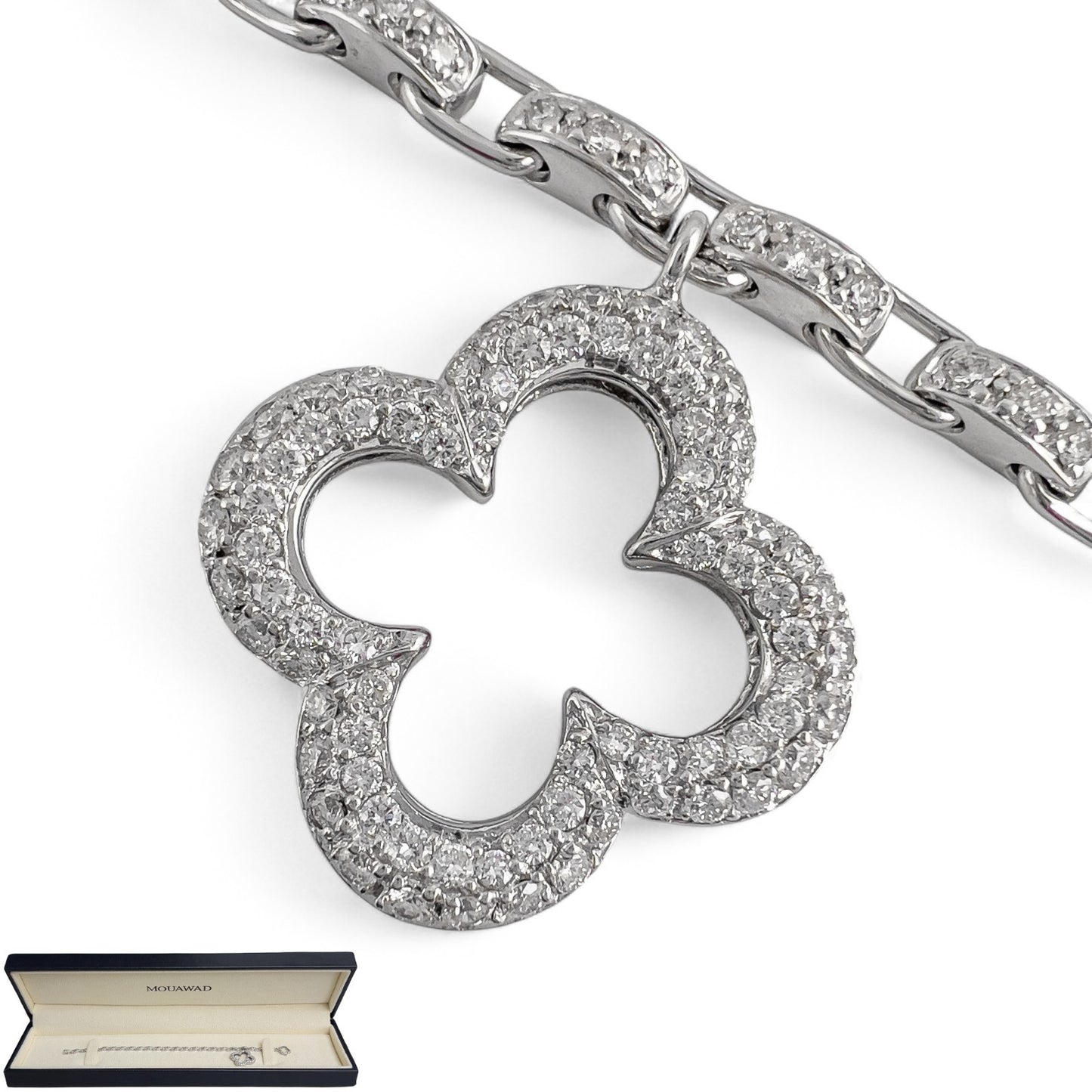 Mouawad Heidi Klum 18k White Gold Pave Diamond Clover Quatrefoil Bracelet w/ BOX