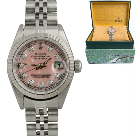 1996 Rolex DateJust 69174 Rose MOP Diamond Stainless Steel 26mm Ladies Watch BOX
