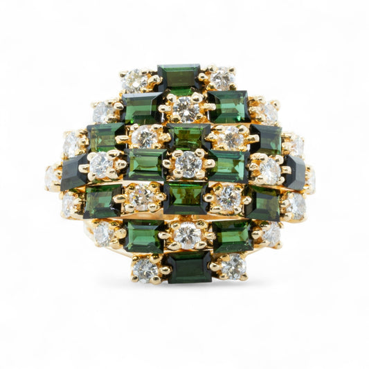 14k Yellow Gold Rectangle Step Green Stone Diamond Cluster Ring 1.25ctw SZ 5.75