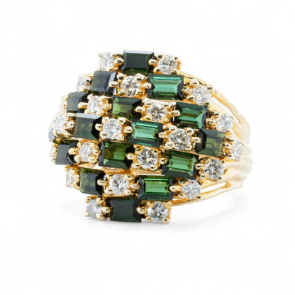 14k Yellow Gold Rectangle Step Green Stone Diamond Cluster Ring 1.25ctw SZ 5.75