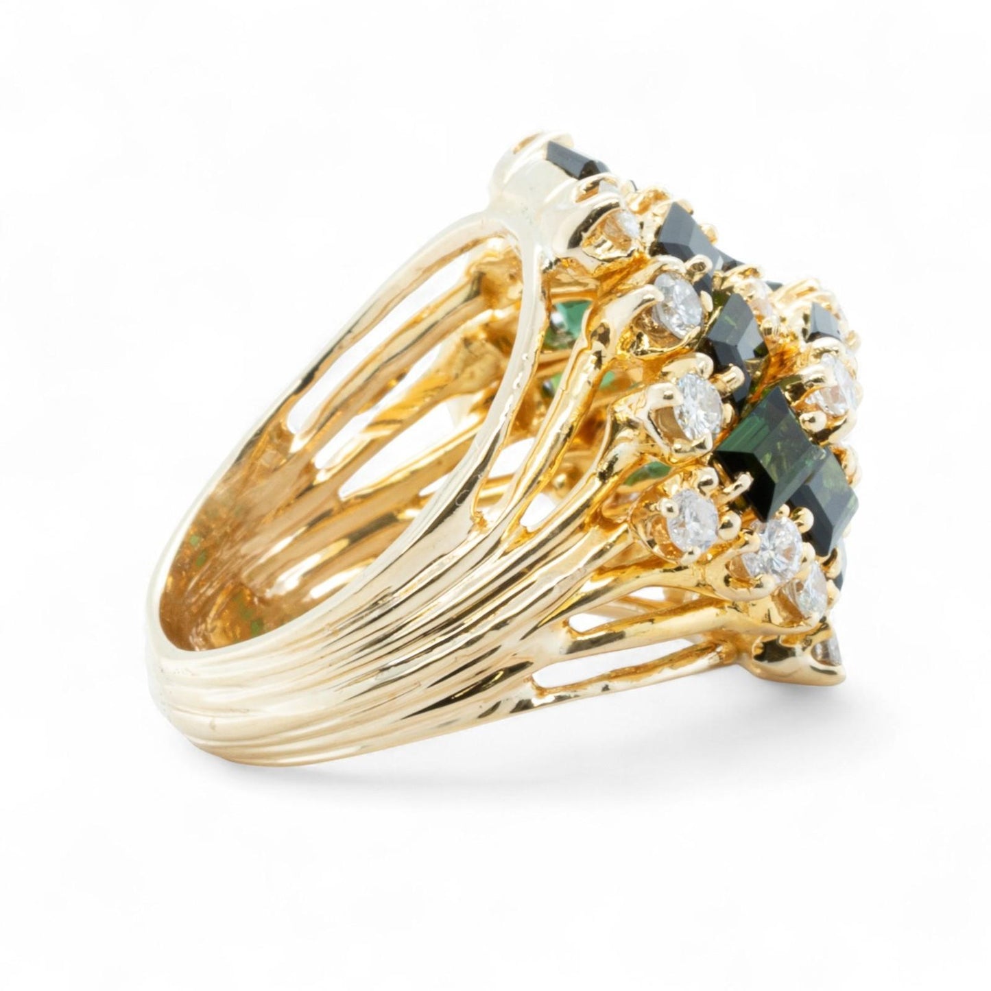 14k Yellow Gold Rectangle Step Green Stone Diamond Cluster Ring 1.25ctw SZ 5.75