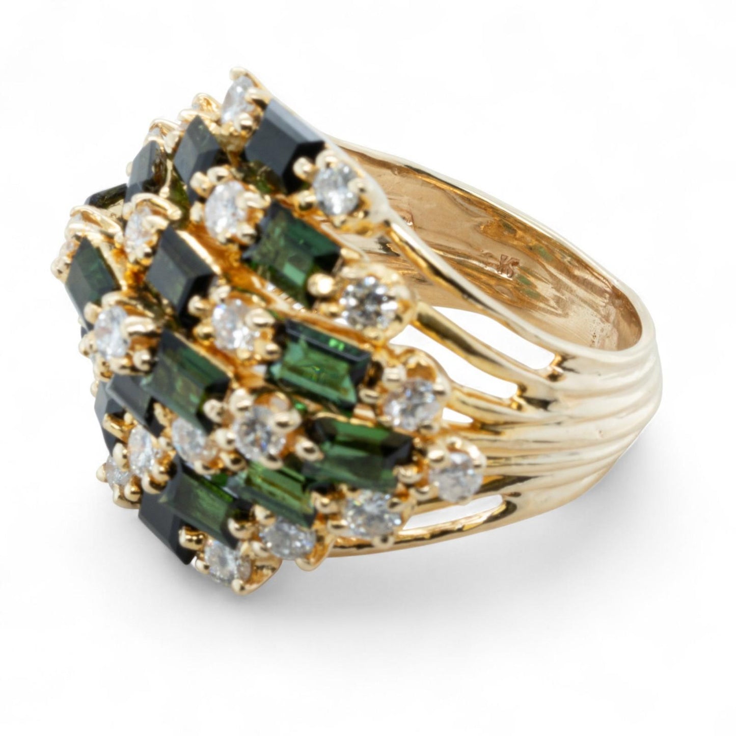 14k Yellow Gold Rectangle Step Green Stone Diamond Cluster Ring 1.25ctw SZ 5.75