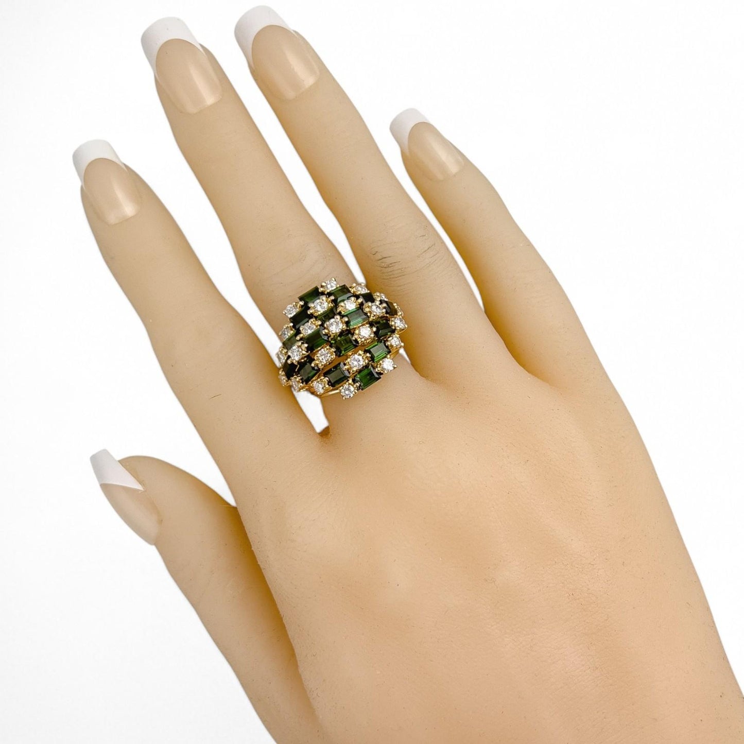 14k Yellow Gold Rectangle Step Green Stone Diamond Cluster Ring 1.25ctw SZ 5.75