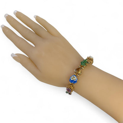 Vintage 14k Yellow Gold Gemstone Enamel Station FROG FLOWER LADYBUG Bracelet 40g