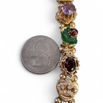 Vintage 14k Yellow Gold Gemstone Enamel Station FROG FLOWER LADYBUG Bracelet 40g