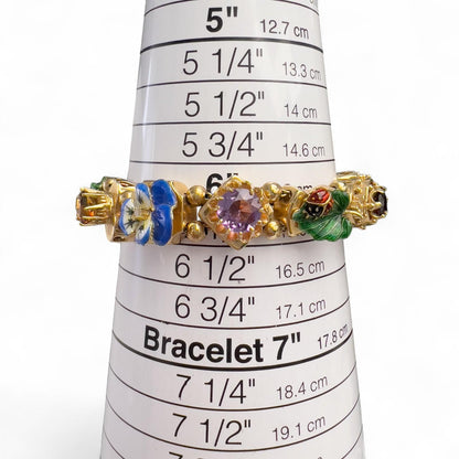 Vintage 14k Yellow Gold Gemstone Enamel Station FROG FLOWER LADYBUG Bracelet 40g