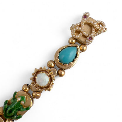 Vintage 14k Yellow Gold Gemstone Enamel Station FROG FLOWER LADYBUG Bracelet 40g