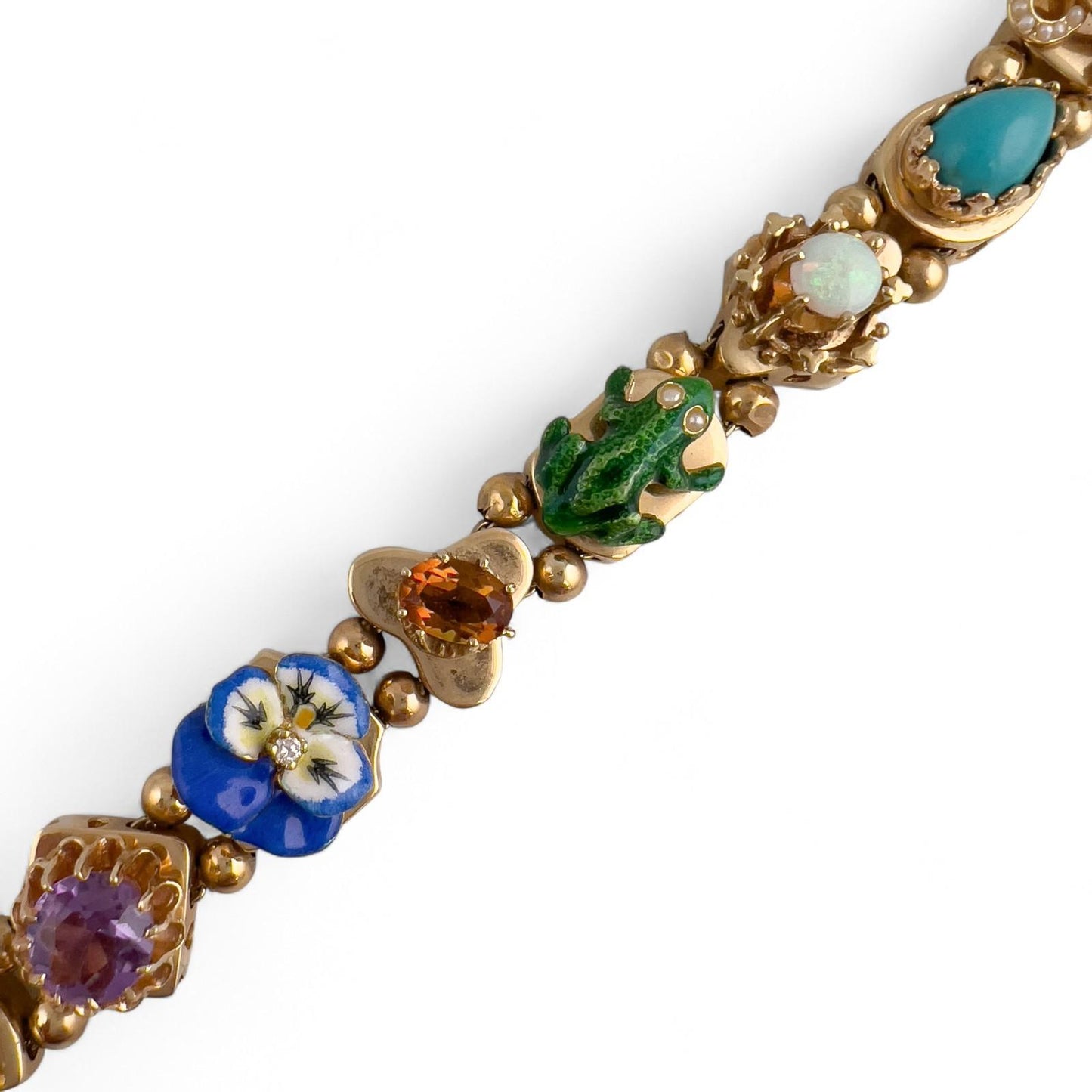 Vintage 14k Yellow Gold Gemstone Enamel Station FROG FLOWER LADYBUG Bracelet 40g