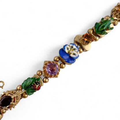 Vintage 14k Yellow Gold Gemstone Enamel Station FROG FLOWER LADYBUG Bracelet 40g