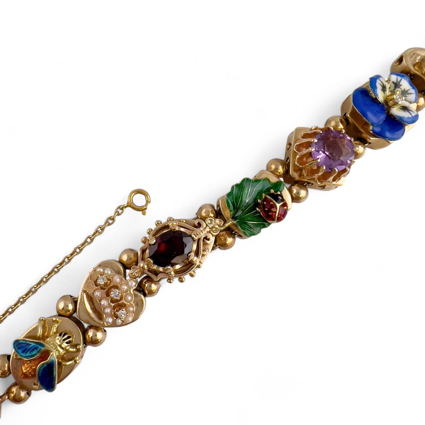 Vintage 14k Yellow Gold Gemstone Enamel Station FROG FLOWER LADYBUG Bracelet 40g