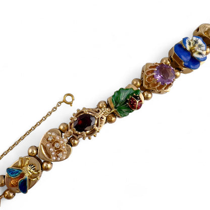 Vintage 14k Yellow Gold Gemstone Enamel Station FROG FLOWER LADYBUG Bracelet 40g