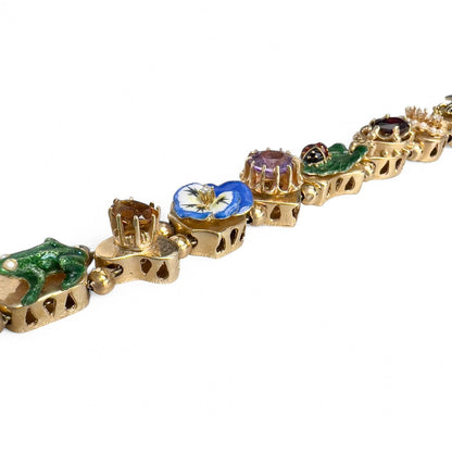 Vintage 14k Yellow Gold Gemstone Enamel Station FROG FLOWER LADYBUG Bracelet 40g