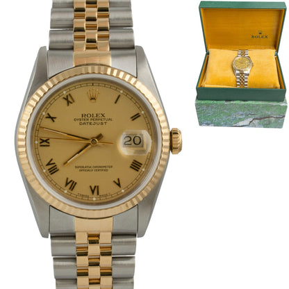Rolex DateJust 16233 18k Gold & Stainless Champagne Roman FLUTED Bezel 36mm BOX