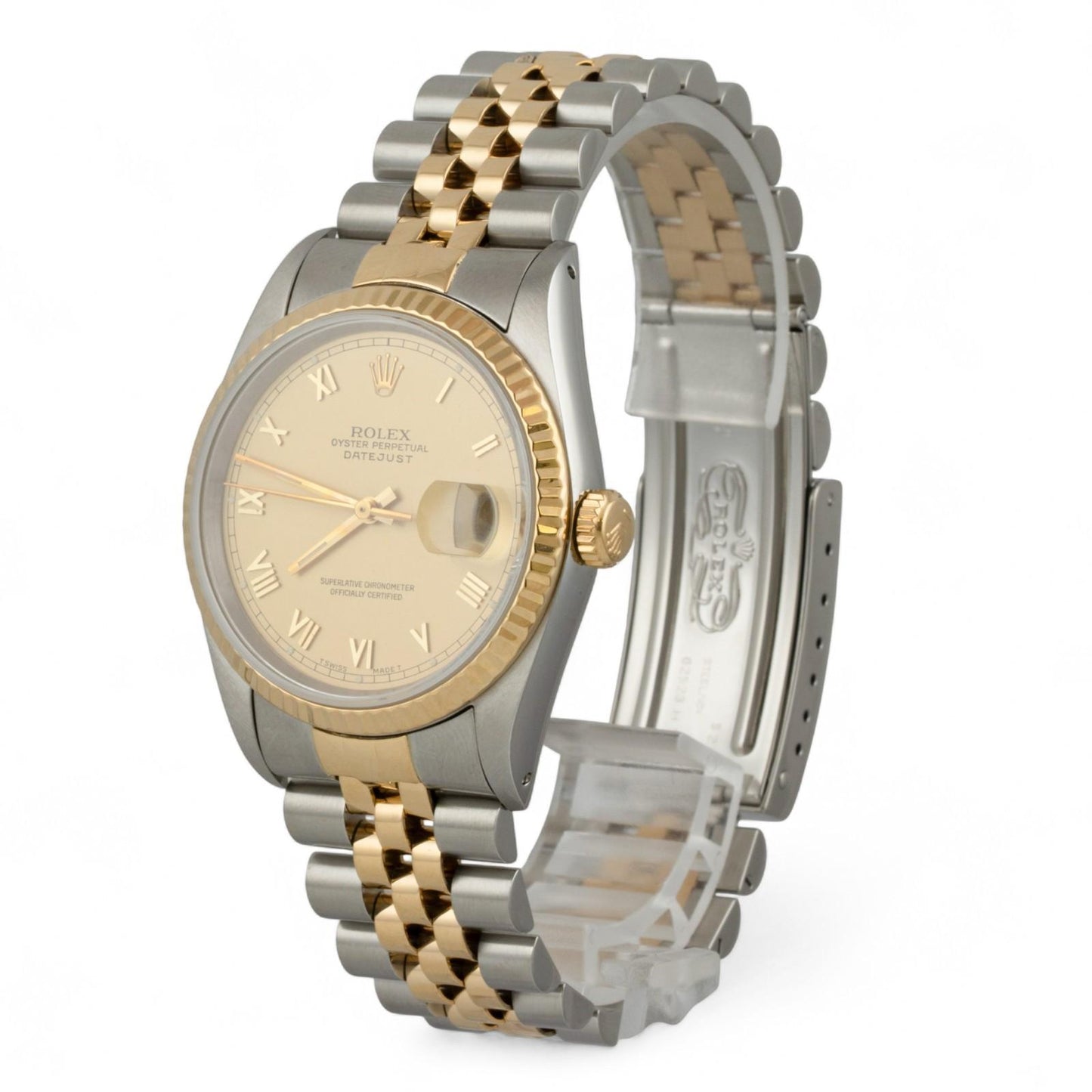 Rolex DateJust 16233 18k Gold & Stainless Champagne Roman FLUTED Bezel 36mm BOX