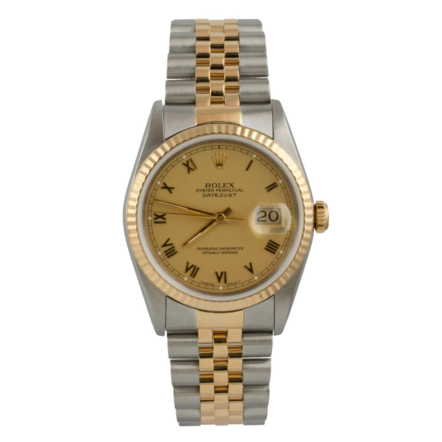Rolex DateJust 16233 18k Gold & Stainless Champagne Roman FLUTED Bezel 36mm BOX