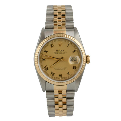 Rolex DateJust 16233 18k Gold & Stainless Champagne Roman FLUTED Bezel 36mm BOX