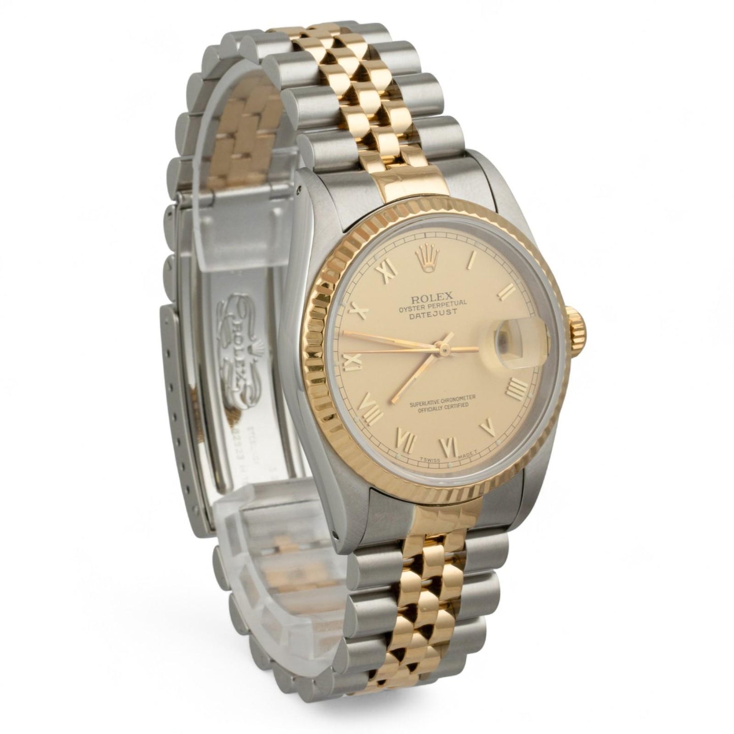 Rolex DateJust 16233 18k Gold & Stainless Champagne Roman FLUTED Bezel 36mm BOX