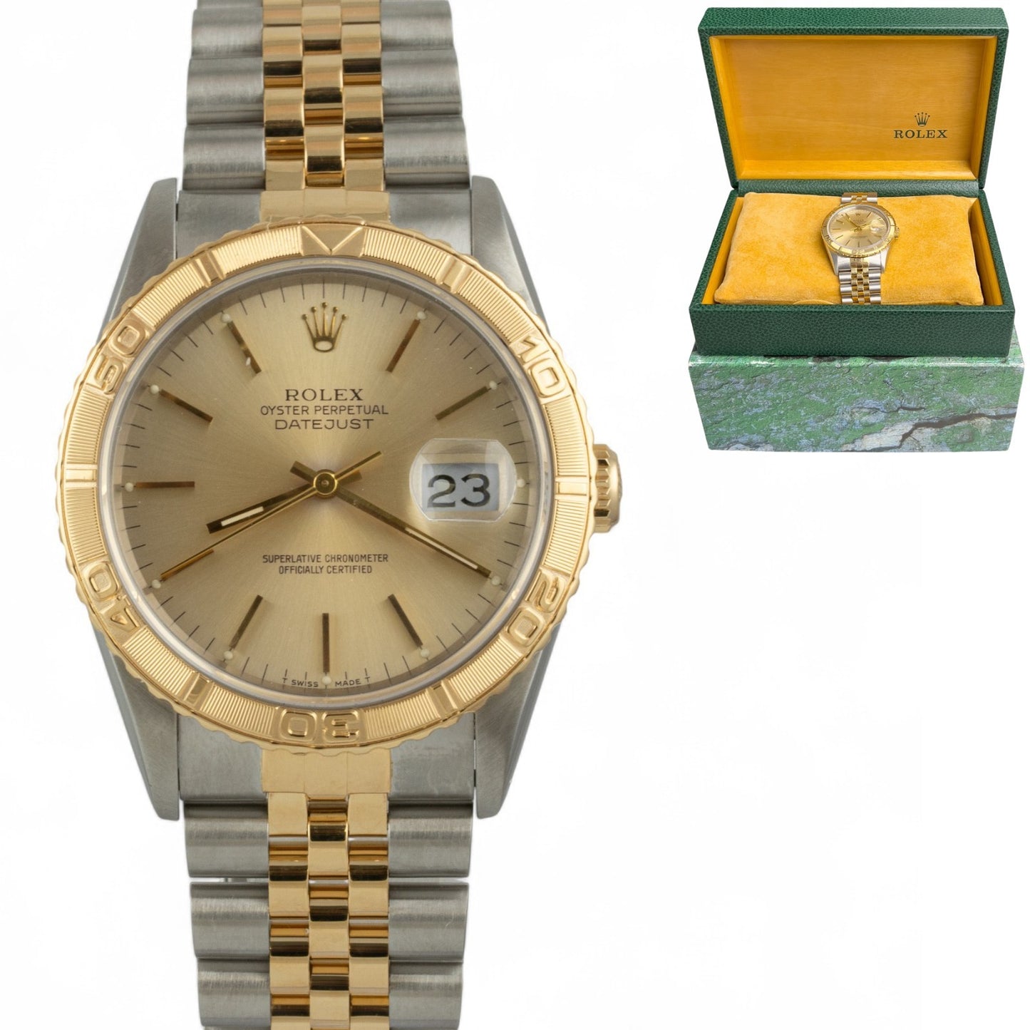Rolex DateJust Thunderbird 16263 18k & Stainless Champagne Turn-O-Graph 36mm BOX