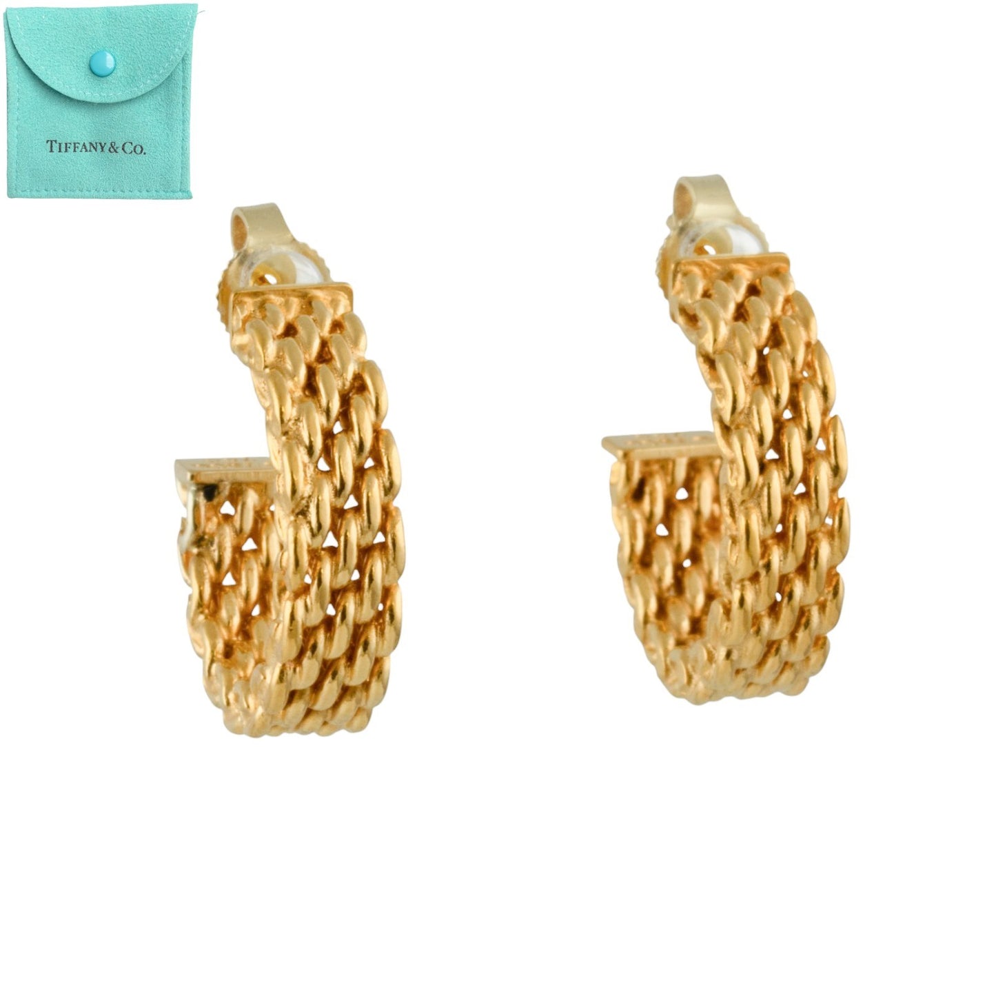 Tiffany & Co. Somerset Mesh 18k Yellow Gold Huggie Hoop Earrings 8.5g