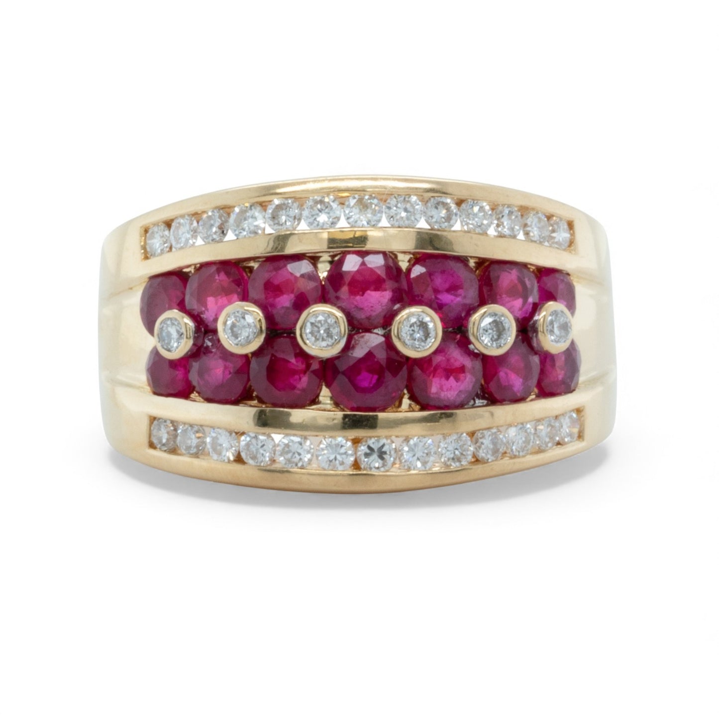 18k Yellow Gold 5 Row 0.48ctw Diamond & 1.35ctw Red Color Stone Ring Size 7