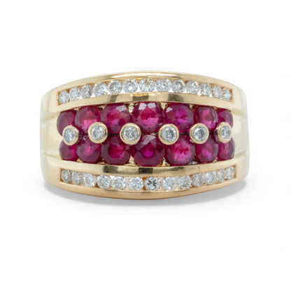 18k Yellow Gold 5 Row 0.48ctw Diamond & 1.35ctw Red Color Stone Ring Size 7
