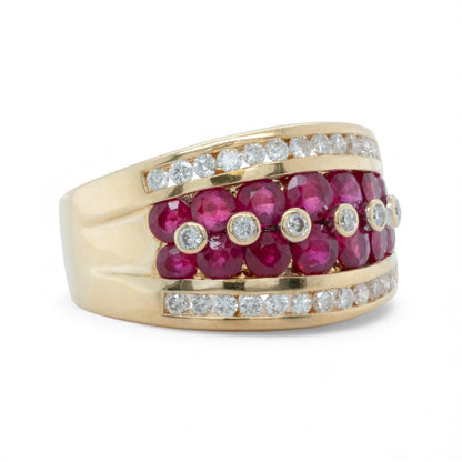 18k Yellow Gold 5 Row 0.48ctw Diamond & 1.35ctw Red Color Stone Ring Size 7