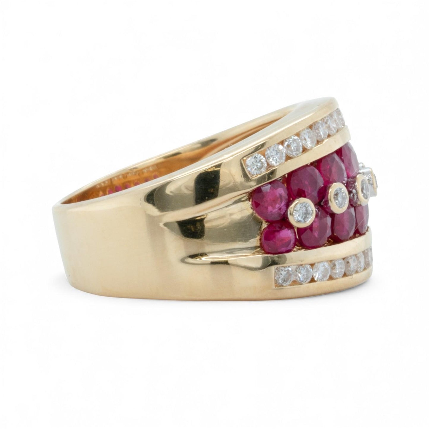 18k Yellow Gold 5 Row 0.48ctw Diamond & 1.35ctw Red Color Stone Ring Size 7