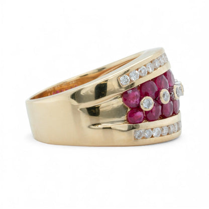 18k Yellow Gold 5 Row 0.48ctw Diamond & 1.35ctw Red Color Stone Ring Size 7