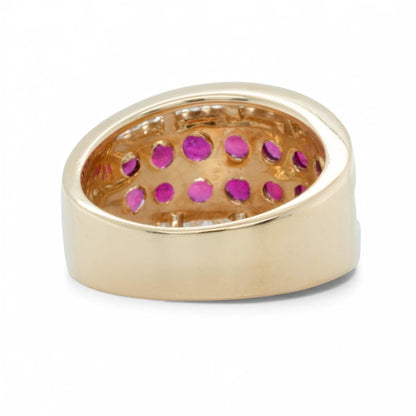 18k Yellow Gold 5 Row 0.48ctw Diamond & 1.35ctw Red Color Stone Ring Size 7