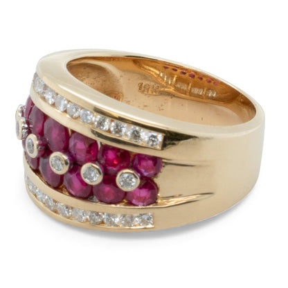 18k Yellow Gold 5 Row 0.48ctw Diamond & 1.35ctw Red Color Stone Ring Size 7