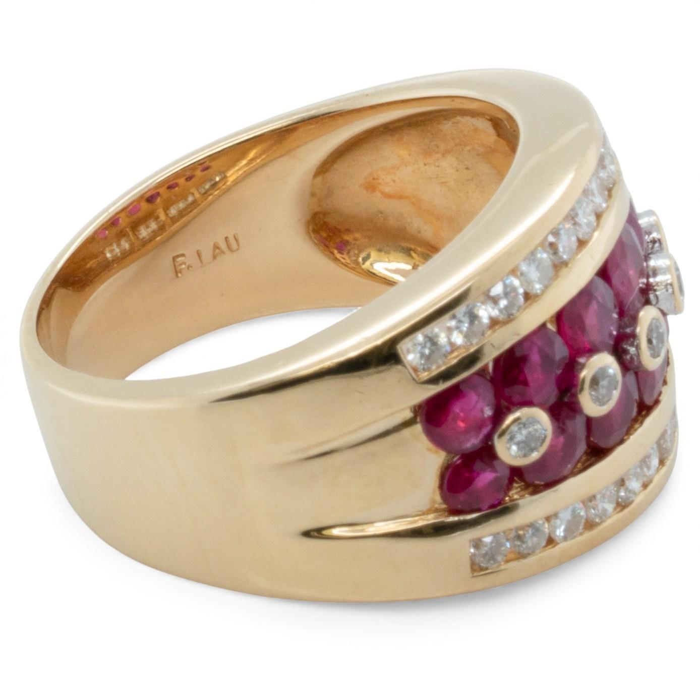 18k Yellow Gold 5 Row 0.48ctw Diamond & 1.35ctw Red Color Stone Ring Size 7