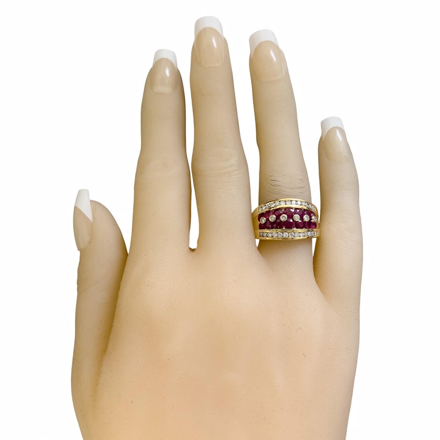 18k Yellow Gold 5 Row 0.48ctw Diamond & 1.35ctw Red Color Stone Ring Size 7