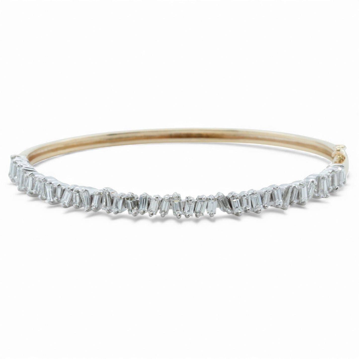 14k Yellow & White Gold Scattered Baguette Diamond Bangle Bracelet 1.25ctw 6.75"